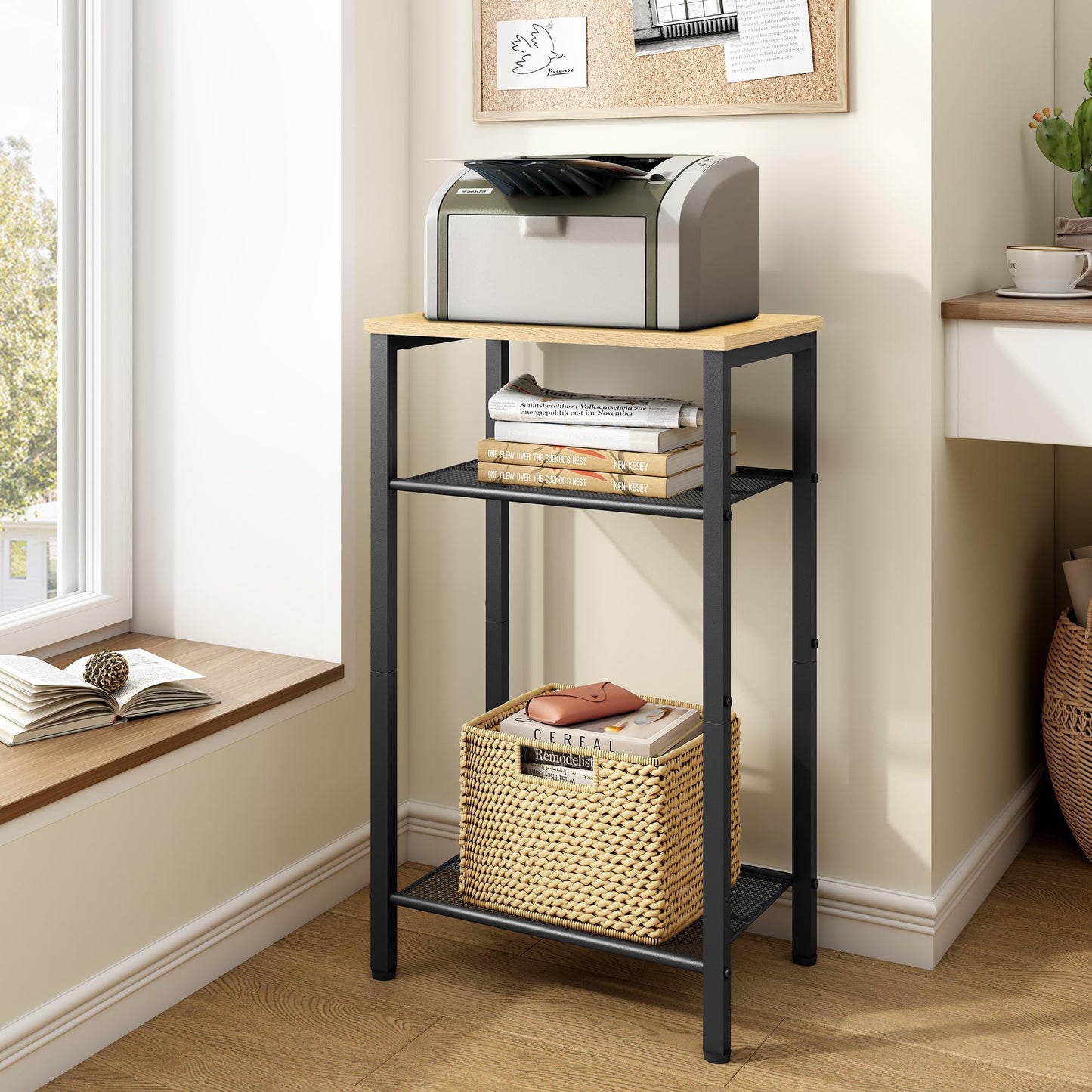 Hoctieon 2-Set 3 Tier End Table, Telephone Table Set of 2, Tall Side Table with Storage Set of 2, Small Nightstand for Small Spaces, Metal Frame, Black+Yellow Oak