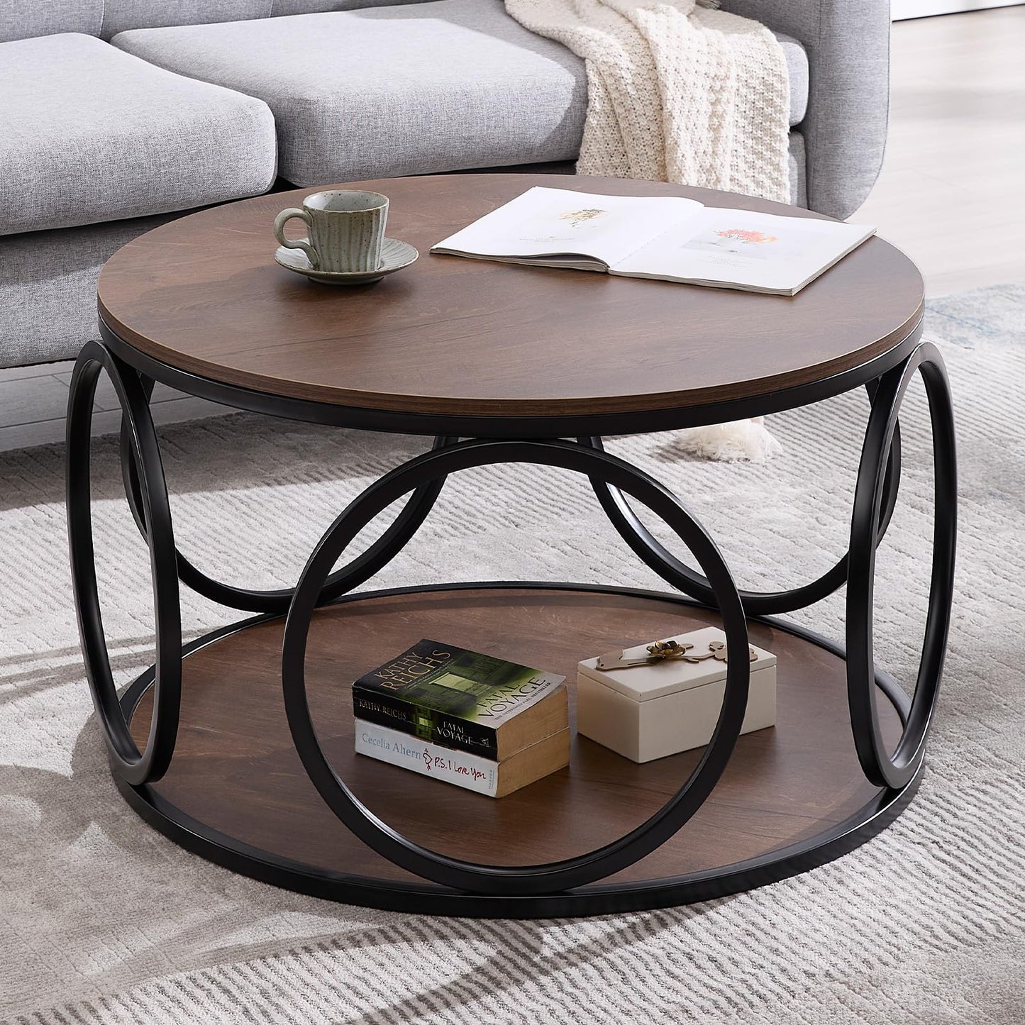 BECHAEO 31.5" 2 Tier Industrial Round Coffee Table, Modern Round Wood Coffee Table with Sturdy Circle Metal Frame for Living Room Home Furniture, Classic Walnut