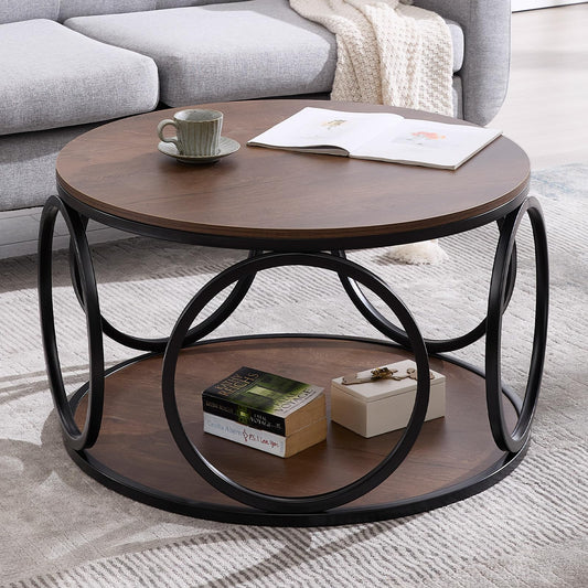 BECHAEO 31.5" 2 Tier Industrial Round Coffee Table, Modern Round Wood Coffee Table with Sturdy Circle Metal Frame for Living Room Home Furniture, Classic Walnut