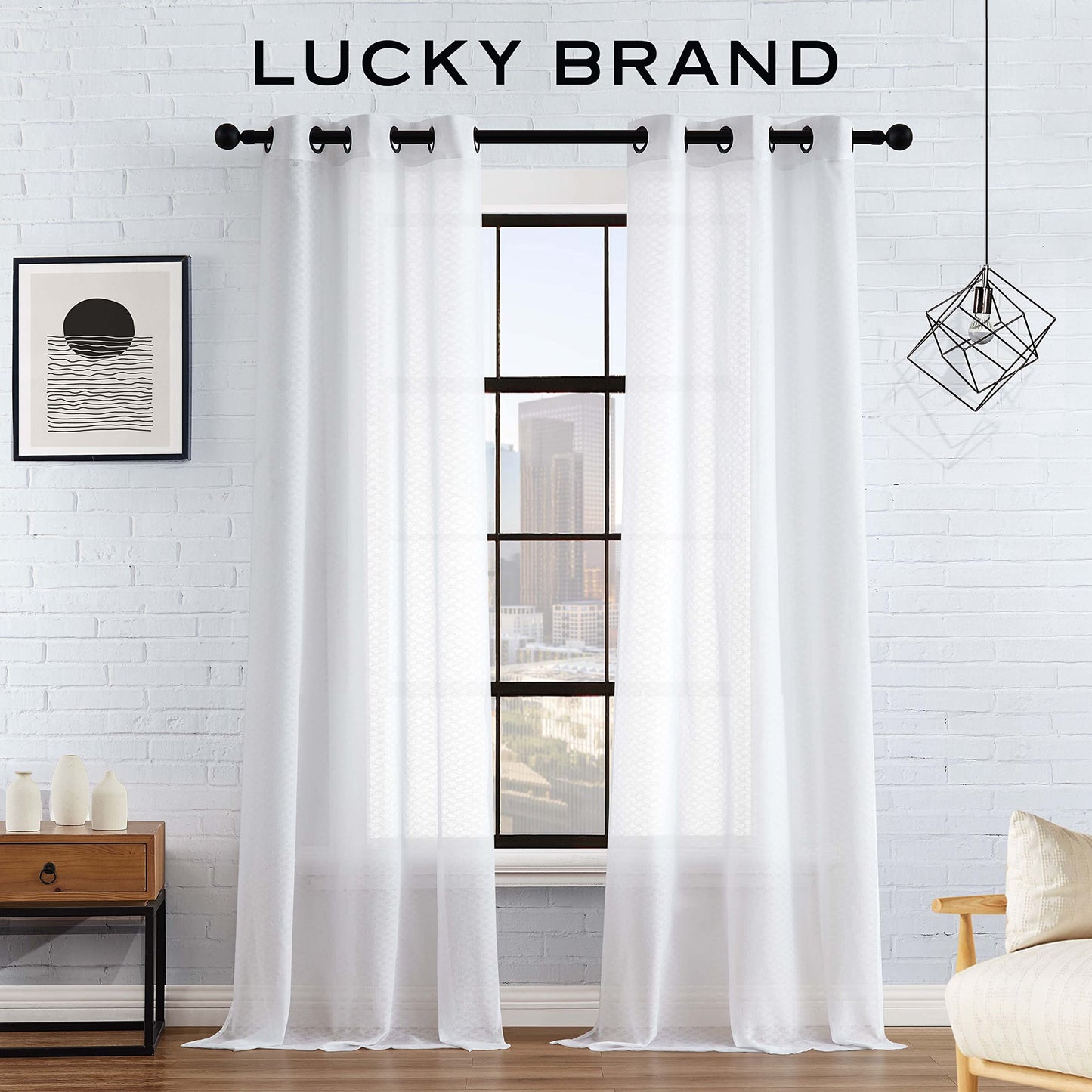 Lucky Brand Sierra Textured Light Filtering Window Curtains | Faux Linen Drapes | Set of 2 Panels | Semi Sheer | Machine Washable, 38" x 84" Pair, White