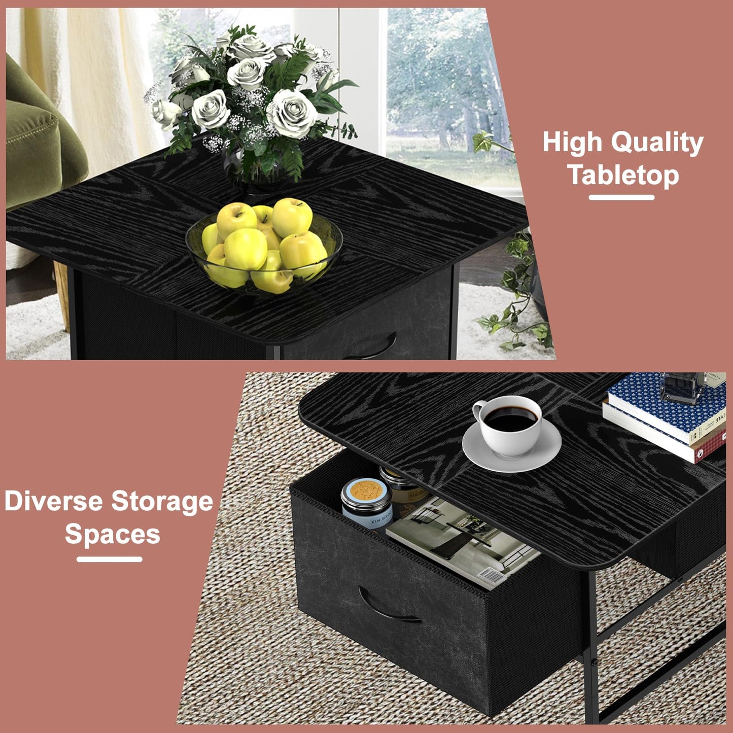Shinoske Square Coffee Table with Storage Drawer,Small Black Coffee Tables for Living Room,2-Tier Farmhouse Center Table with Round Corners for Small Space,Apartment,Office