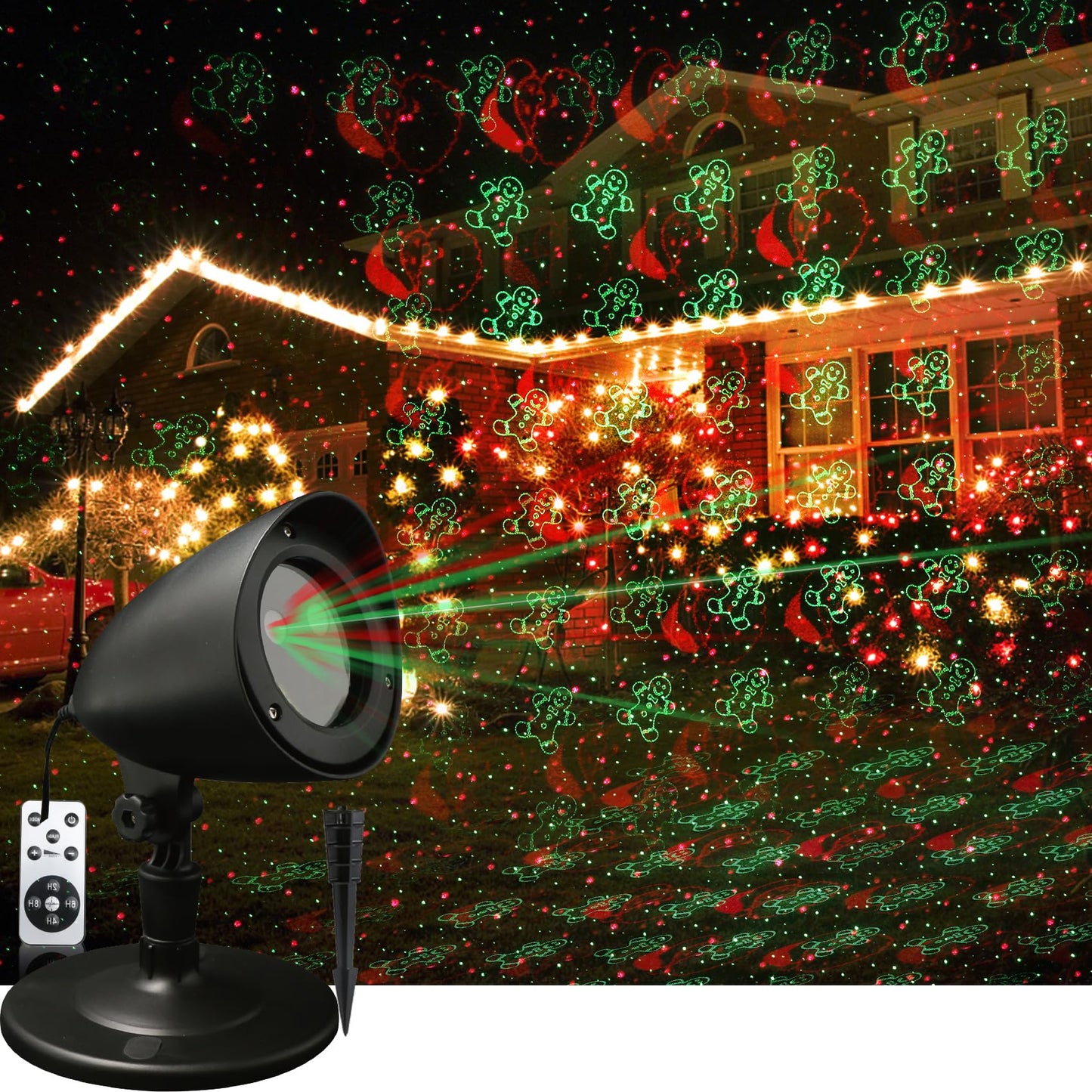 Laser Christmas Projector Lights Outdoor, Rotating Red Green Christmas Laser Lights with Timmer, Remote Control, Waterproof Holiday Light Projector for Indoor Outdoor Garden Patio Wall
