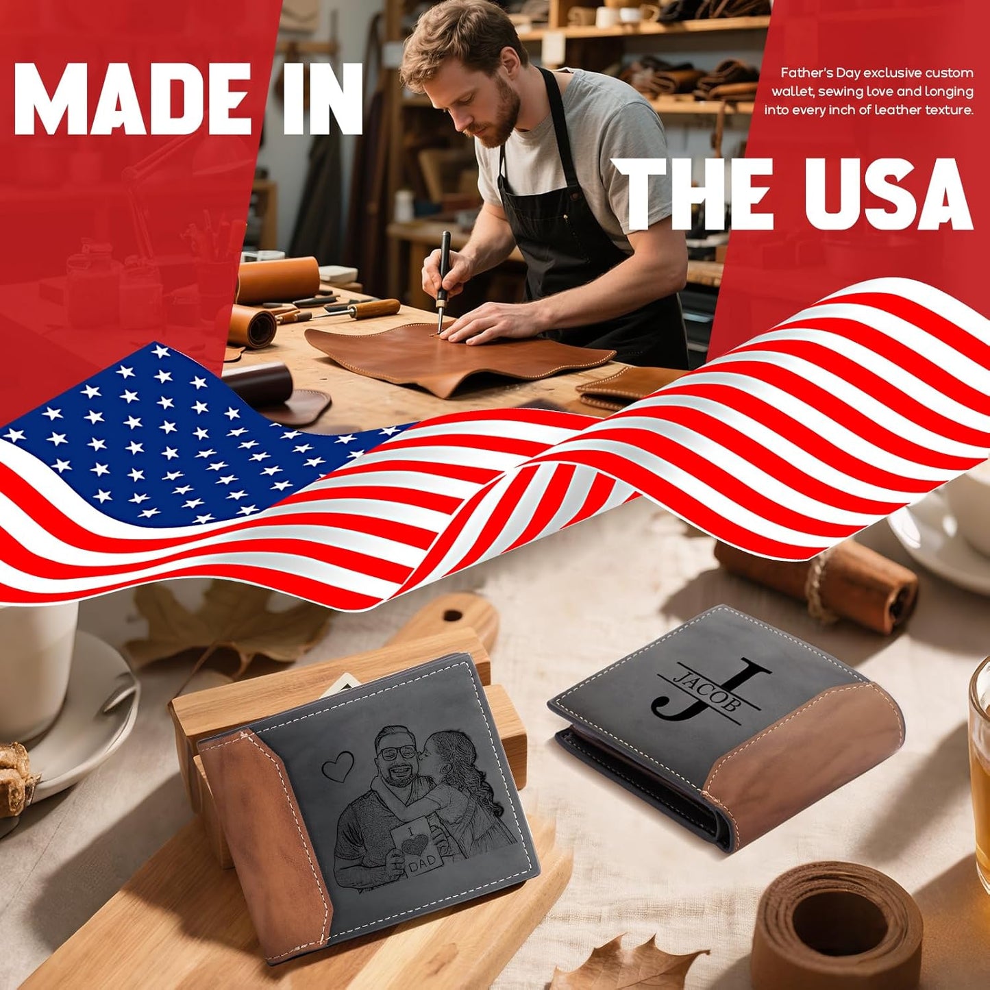 Custom Wallets for Men Personalized Engraved Leather Photo Wallet Dad Gifts for Fathers Day