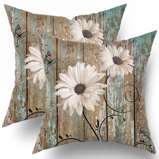 Giwawa 16"x16" Rustic Daisy Throw Pillow Covers, Vintage Sunflowers Wood Board Square Pillowcases, Country Farmhouse Style Floral Decorative Cushion Cover for Sofa Couch Bedding Car, Set of 2