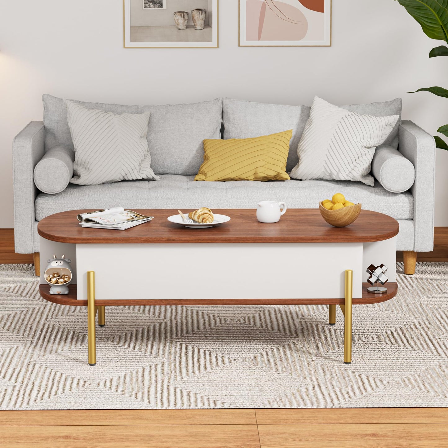 ALLSTAND 48" Oval Lift Top Coffee Table with Storage Metal Legs & Large Hidden Compartment, Coffee Tables with Lifting Top with Open Shelf, Lift Coffee Table with Wooden Lift Tabletop for Living Room