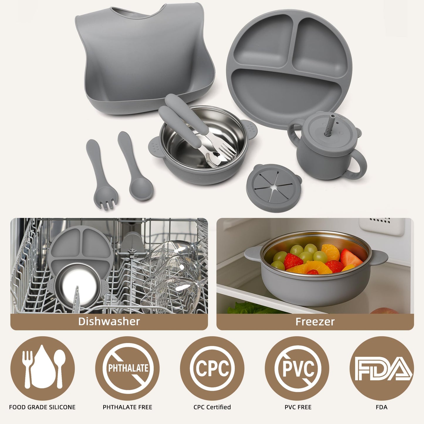 27 Pack Silicone Baby Feeding Set, Hepotk BPA-Free Food Grade Baby Feeding Essentials Utensils, Second Stage Baby Food Eating Utensils, Set of 3 babies(Brown, Beige, Grey)