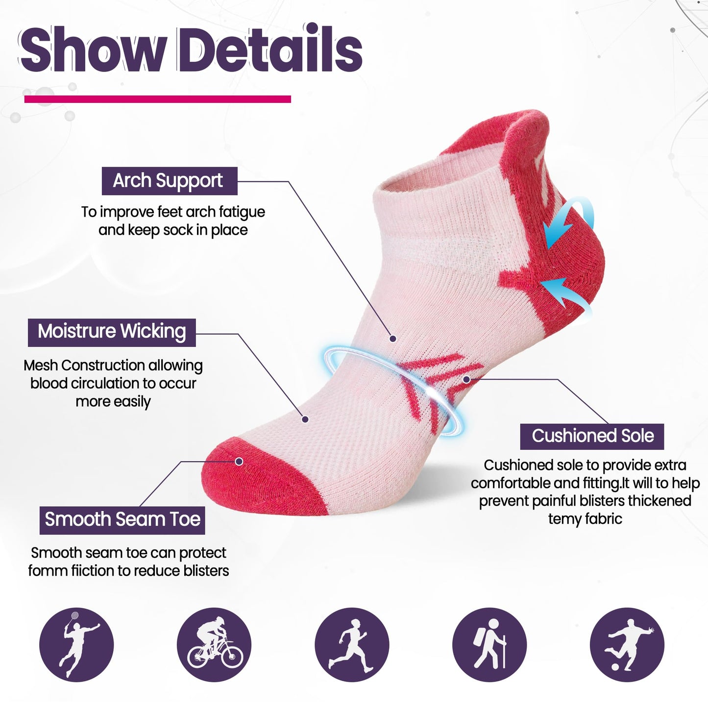 Velice Merino Wool Ankle Hiking Running Socks for Women Compression Support Thick Athletic Cushion Breathable No Show Socks 6 Pairs(Multicolor, Medium)