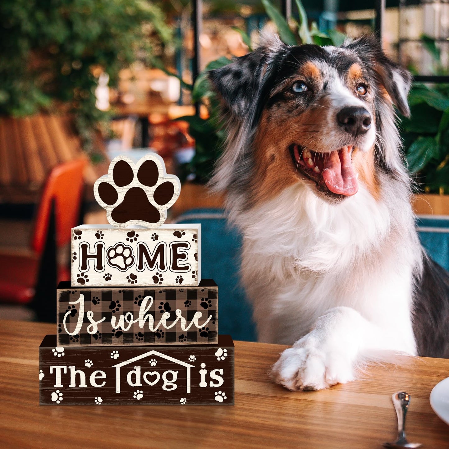 TOMPOP 4 Pcs Farmhouse Dog Wooden Tiered Tray Decor Set, Rustic Home Dog Wood Table Decor Dog Paw Distressed Stack Block Signs Tabletop Centerpieces for Home Desk Kitchen Shelf Mantle Decorations