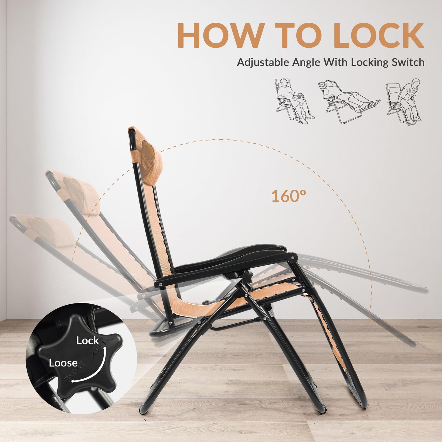 Elevon Zero Gravity Chair with Cup Holder & Removable Pillow, Adjustable Reclining Outdoor Patio Folding Chairs for Adults Portable Lounge Chair Furniture for Poolside, Lawn, Beach, Camping, Beige