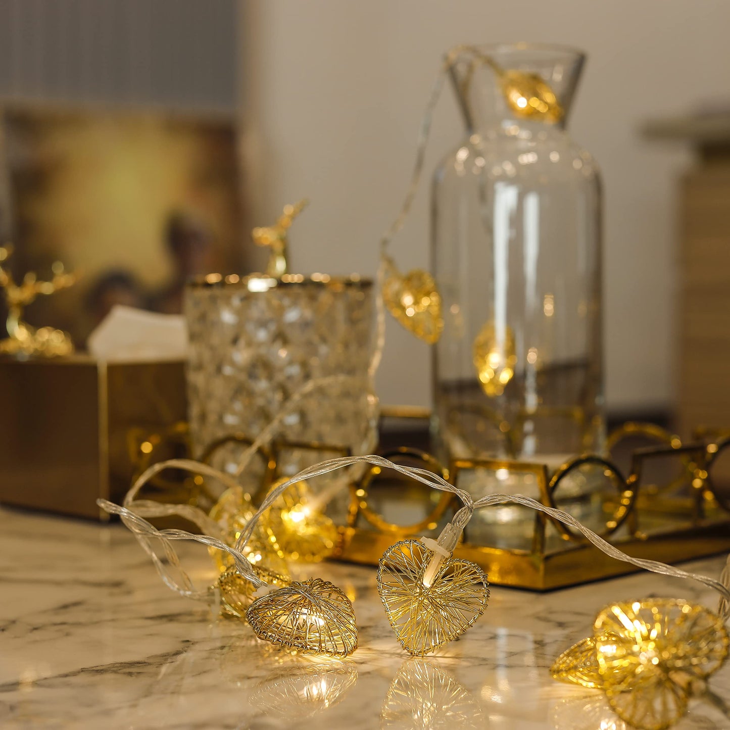 CozyHome – 5,5YD Golden Heart Lights Battery Operated with Remote | Fairy Valentines Garland Lights LED | String Lights Indoor Bedroom Window Mirror and Outdoor | The Valentine's Day Lighted up Decor