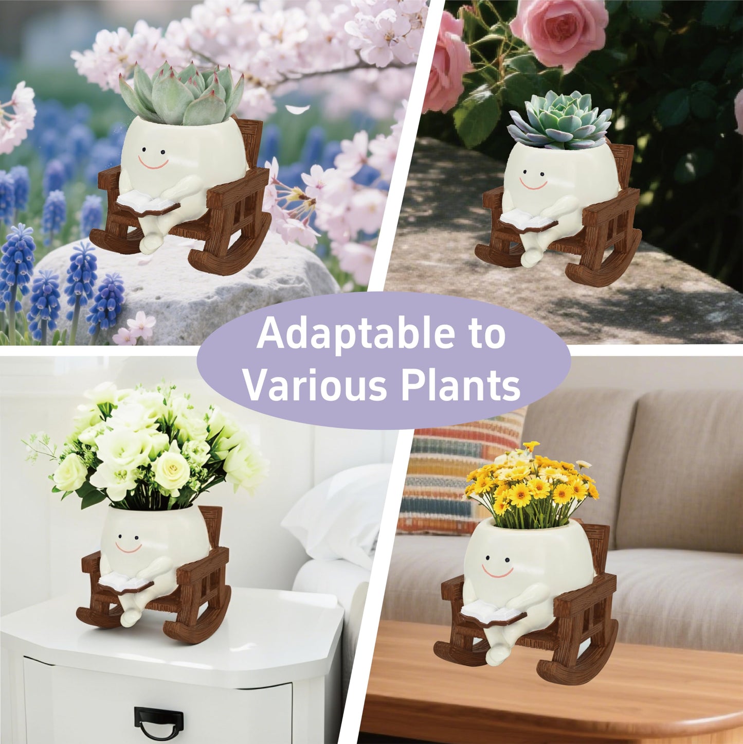 Smiley Face Planter Pot, Cute Plant Pots for Indoor Outdoor, Unique Reading Rocking Chair Plant Pot for Succulents Plants Live with Drainage Hole, Gift Idea for Mother Day and Christmas