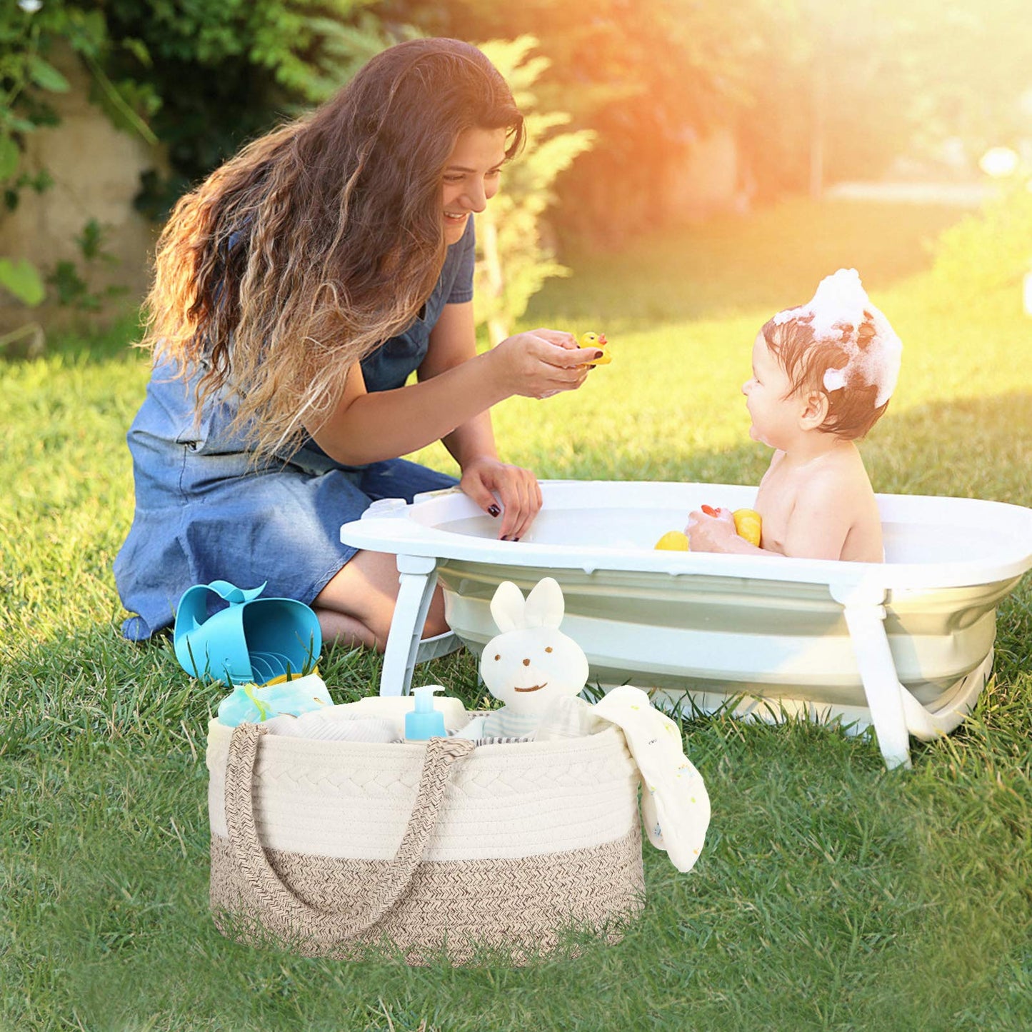Maliton Baby Diaper Caddy Organizer, X-Large Cotton Rope, Rustic Style, Portable, 3 Compartments, A-Brown
