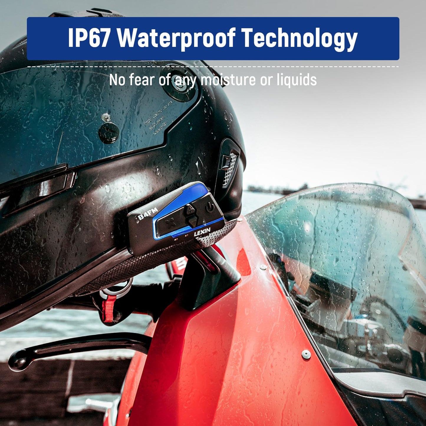 LEXIN B4FM Motorcycle Bluetooth Headset, 10 Riders Helmet Bluetooth Intercom, Universal IP67 Communication Systems with Music Sharing, Noise Cancellation, FM Radio, Fit for Snowmobile, 1 Pack