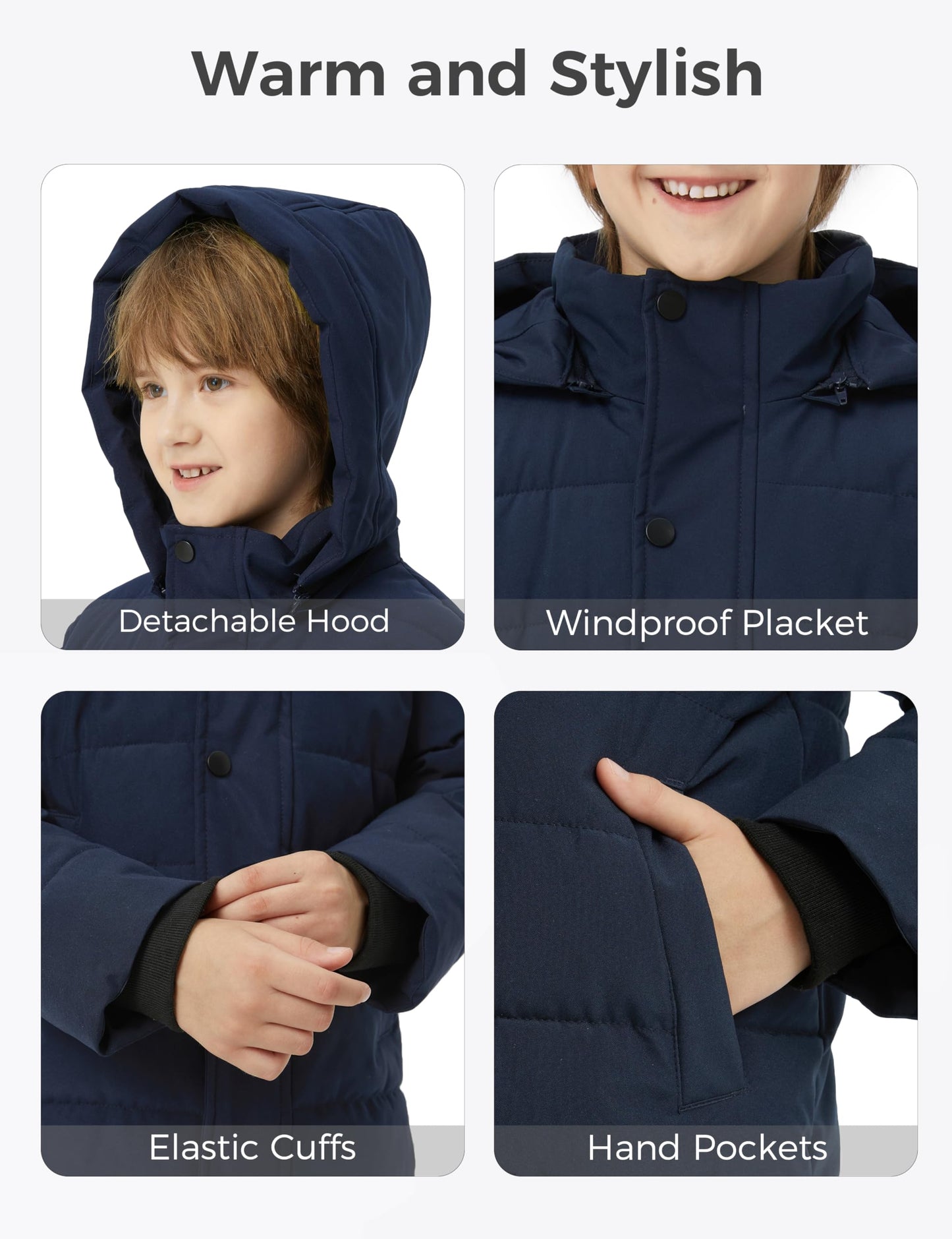 wantdo Boys' Warm Winter Coat Waterproof Puffer Jacket with Hood Navy 10-12