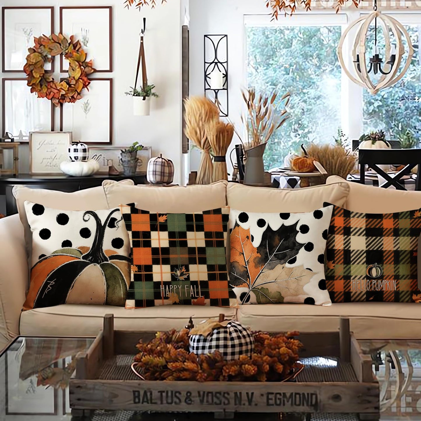 NIGHTWISH Fall Pillow Covers 18x18 Set of 4 Thanksgiving Farmhouse Decorations Polka Dots Pumpkin Maple Leaf Outdoor Fall Decor Throw Pillow Covers Checkered Harvest Autumn Cushion Case for Sofa Couch