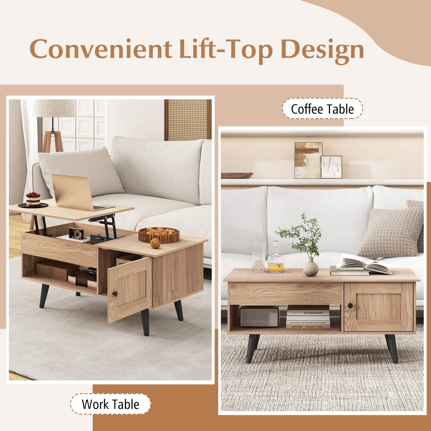 Tangkula Lift Top Coffee Table with Storage, Living Room Table with Hidden Compartment, Cabinet & Open Shelf, Flip Top Center Table, Pull up Coffee Table for Home, Office (Natural)