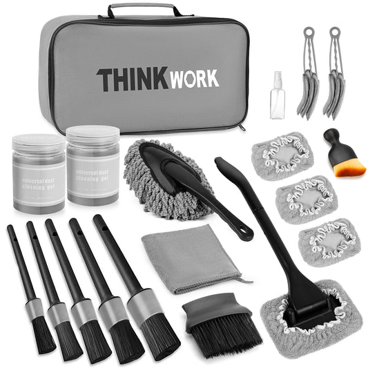 THINKWORK Windshield Cleaner Tool, Car Interior Cleaning Kit, Car Detailing Kit Interior Cleaner with10Pcs Detailing Brush Set, Gray Auto Detailing Supplies & Accessories
