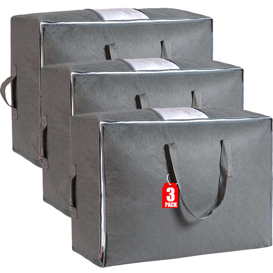 105L Extra Large Storage Bags for Blankets, King Comforters, Bedding, Clothes, Pillows, Sheets - Closet Organizers and Storage with 4 Handles & Clear Window, Foldable & Breathable (Grey, 3pack)