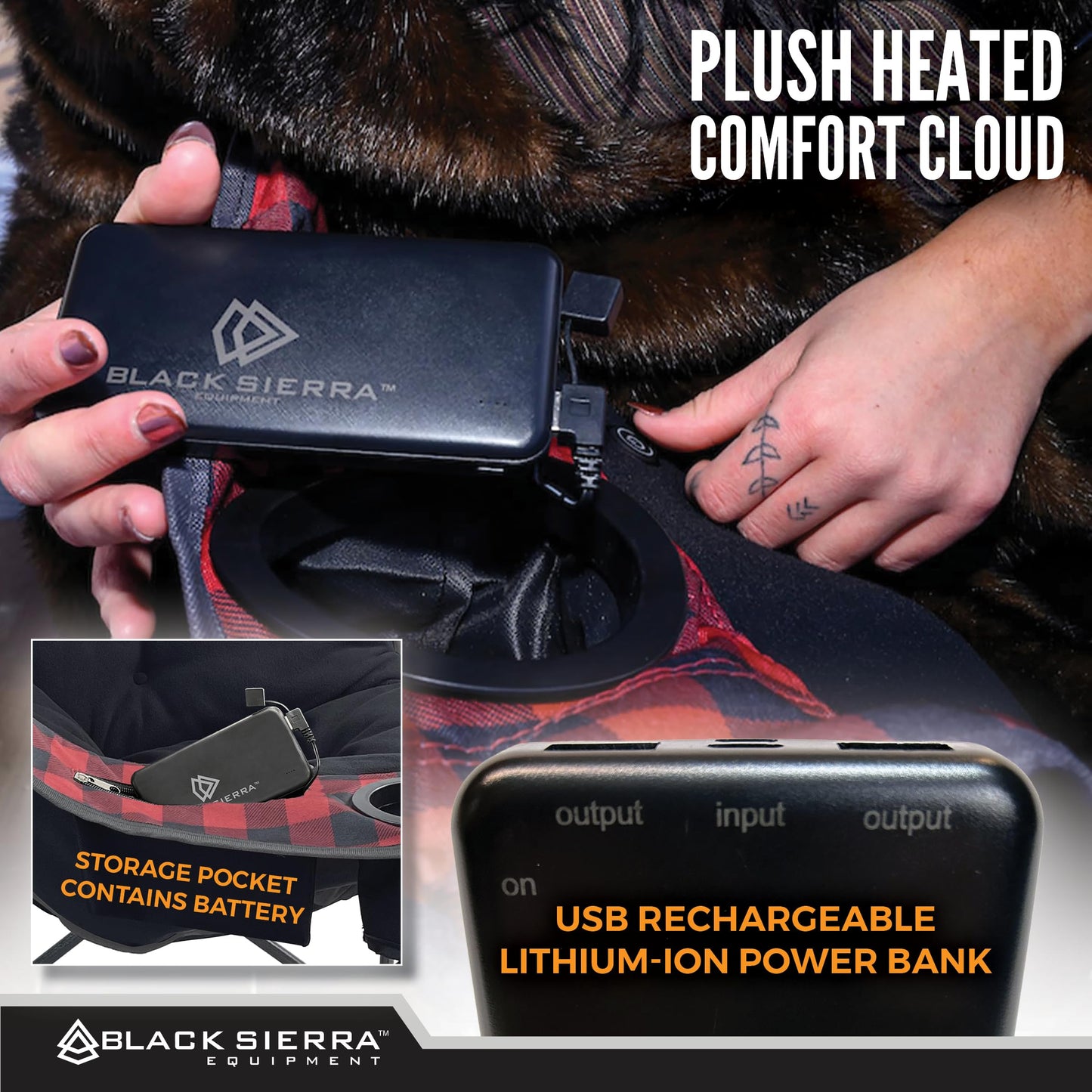 Black Sierra Heated Camping Chair for Adults, Oversized Outdoor Seat with Plush Padding, Supports 400lbs, Cup Holders and Carry Bag, Heavy Duty Folding Chair for Tailgating, Patio, or Sideline Comfort