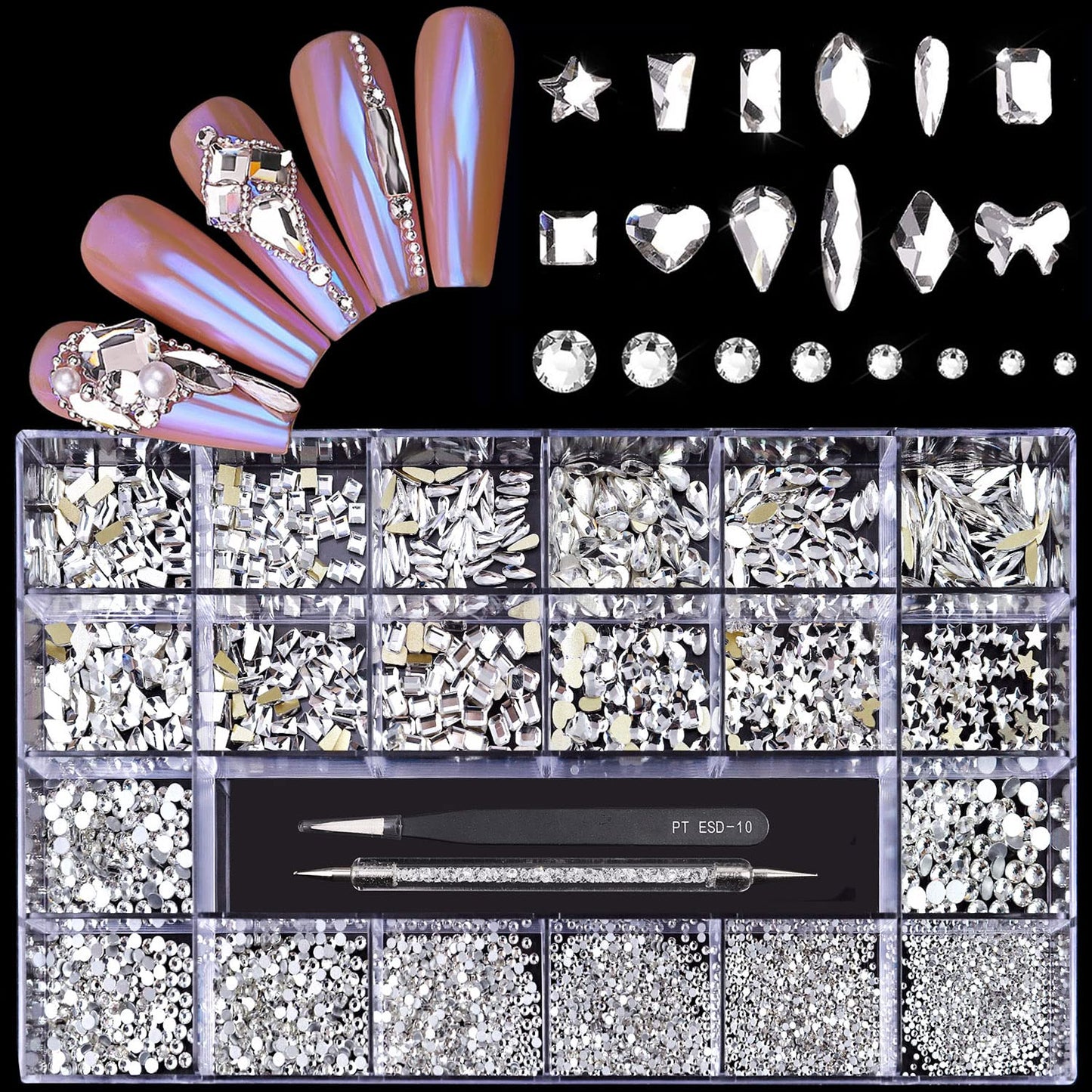 12 Types of 600 Crystal AB Diamonds + 2500 Flat Rhinestones Mix 20 Styles Flatback DIY Crafts Rhinestone Crystals 3D Ornament‌s Flat Back Stones Set + Tweezers + Drill Pen