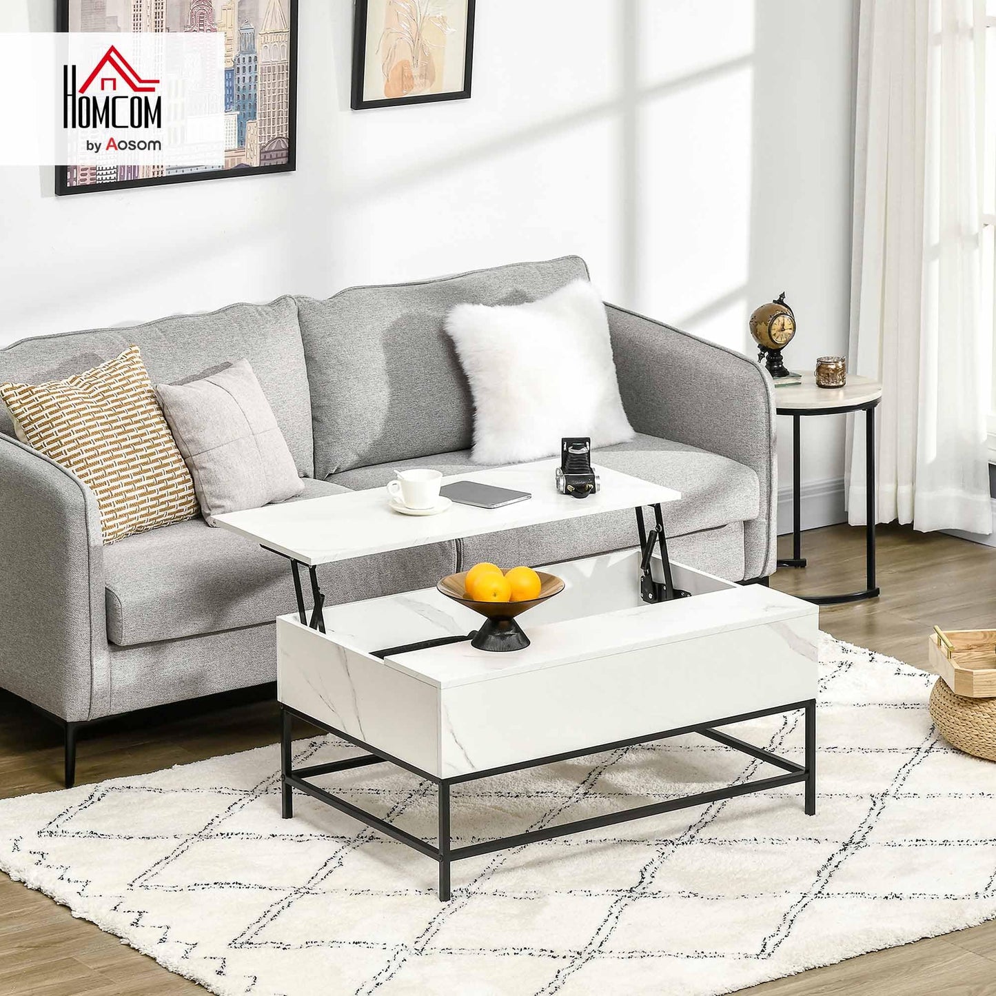 HOMCOM Modern Lift Top Coffee Table with Hidden Storage Compartment and Metal Legs, for Living Room, Home Office, White