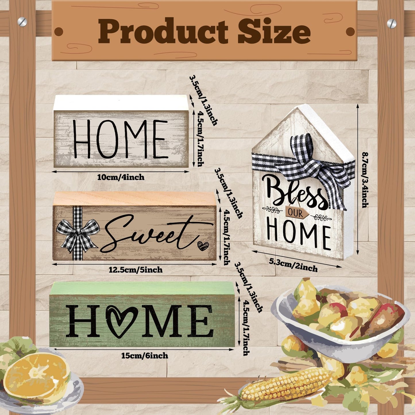 Moucuny 4 Pcs Wooden Farmhouse Tabletop Decor Rustic Home Tiered Tray Decor Decorative Highland CowEucalyptus Block Signs Gift Farmhouse Table Decoration for Kitchen Shelf(Home)