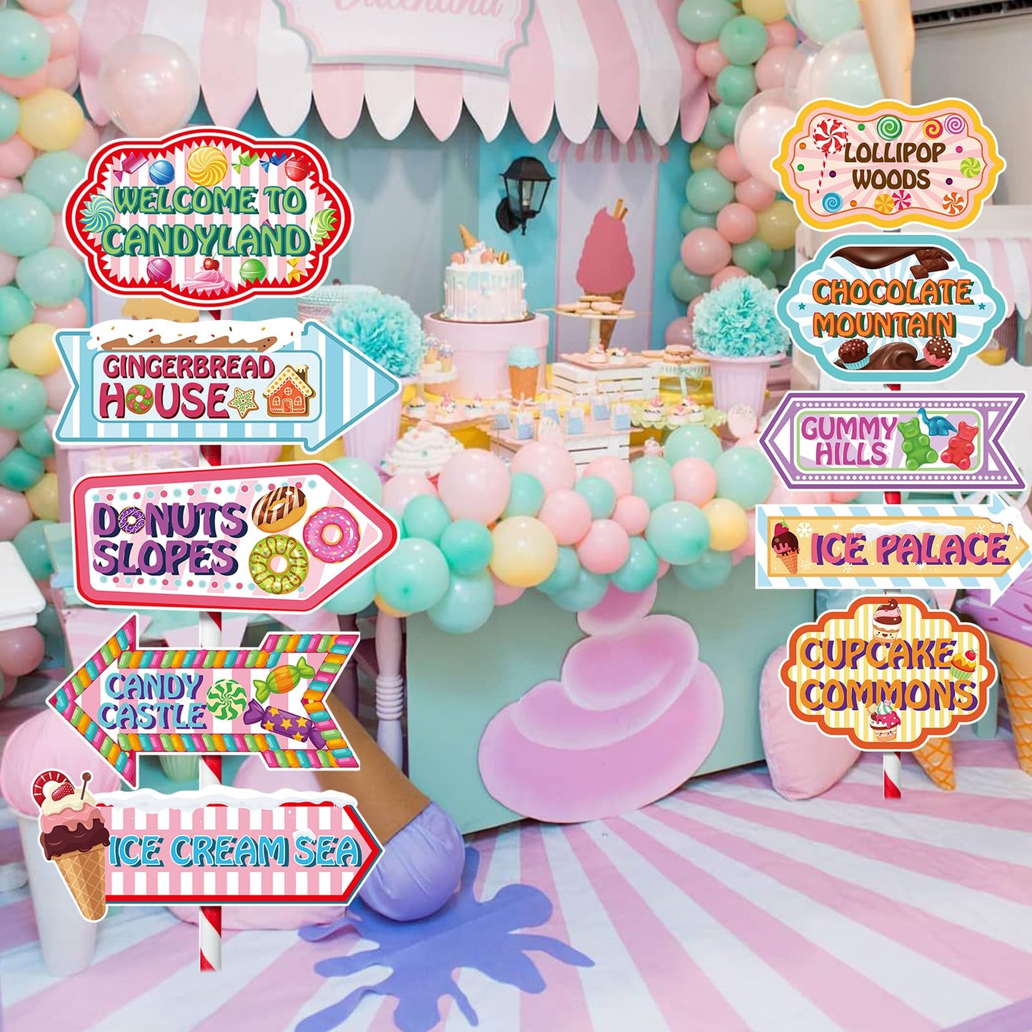 KALEFO Candyland Party Decorations Candy Land Sign Welcome Birthday Decor Directional Street Arrow Signs for Kids Sweet Theme Supplies(10 Pcs)