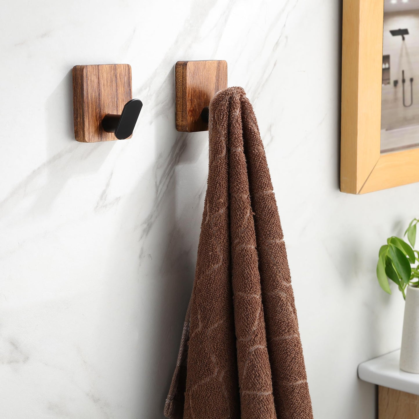 DELITON Towel Hooks for Bathrooms Adhesive, Wood Wall Hooks for Hanging Towels, Robes, Key, No Damage, 4 Pack Utility Hooks for Bathroom and Bedroom