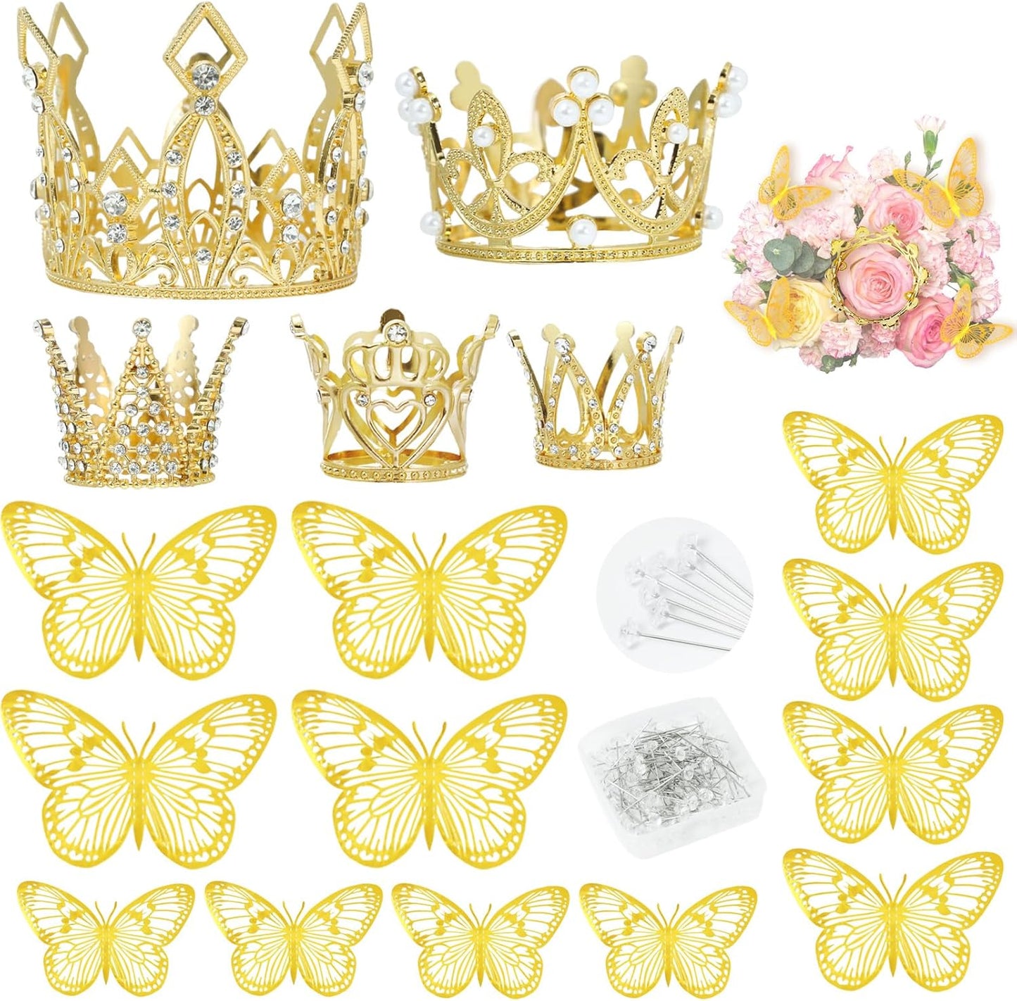 5-Pack Metallic Gold Crowns with 12 Pieces Butterfly Decorations and 50 Pieces Rhinestone Pins for Wedding Bouquet Accessories Decorations