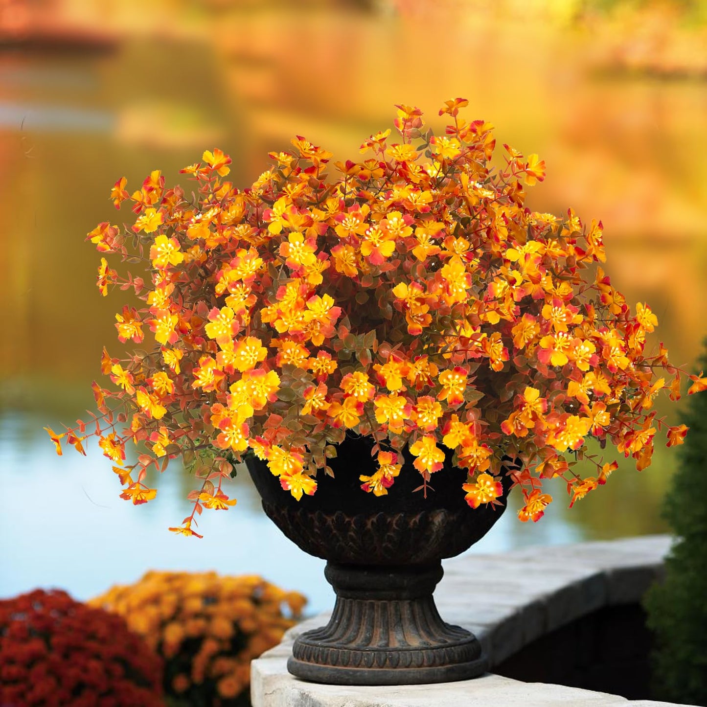 Grunyia 12 Bundles Artificial Fall Flowers for Outdoors, Artificial Plants UV Resistant Fall Fake Mums Plants for Outside Halloween Christmas Porch Decoration ecorations (Fall Red)