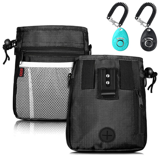 Dog Treat Pouch - 3 Ways to Wear Treat Pouches for Pet Training and 2 Pieces Clicker Taining for Dogs, Dog Training Treat Pouch Bag and Dog Clicker for Training with Waist Belt Shoulder Strap - Black