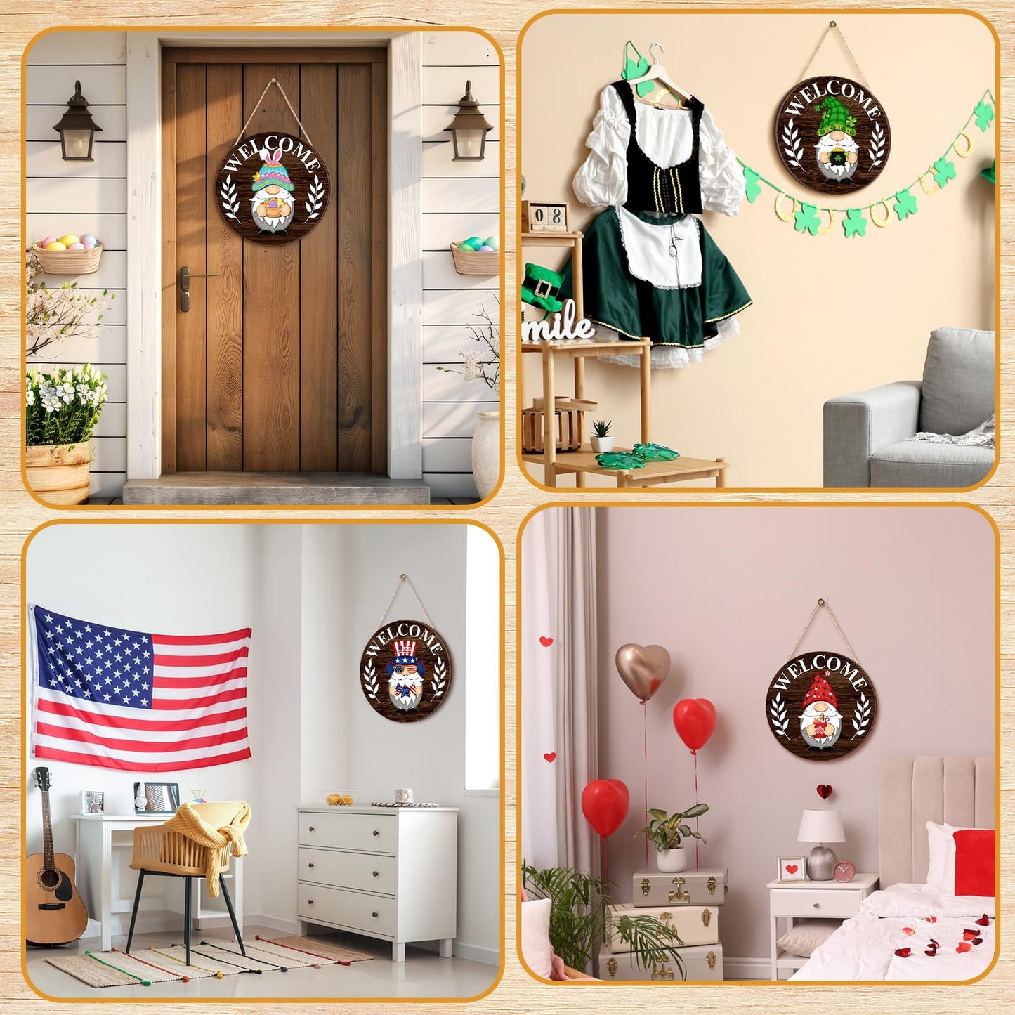 Qunclay Interchangeable Wooden Gnome Decor Holiday Seasonal Gnome Decorations with Magnet Pieces and Detachable Hats Changeable Welcome Sign for Home (Elegant Style)