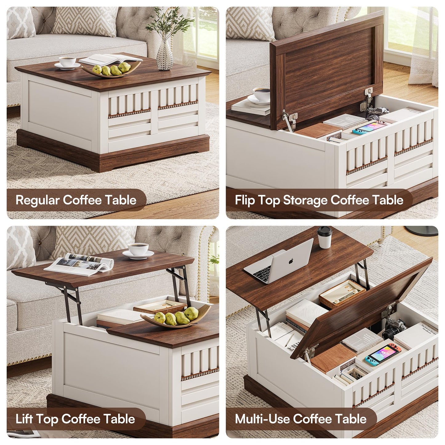 Farmhouse Lift Top Coffee Table with Large Hidden Storage Compartment, Wood Square Center Tables with Rivet Barn Door, Lift Tabletop Dining Table for Living Room, Home, Office