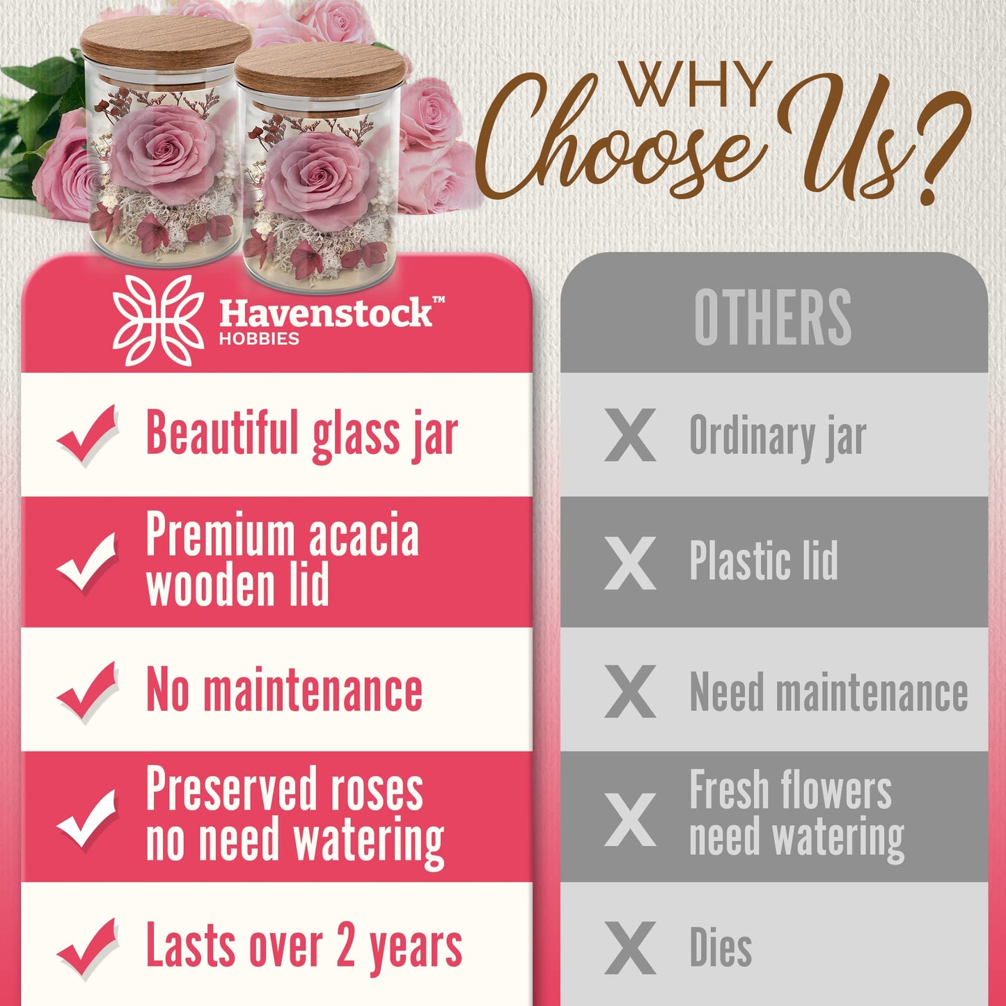 Havenstock Pink Rose in a Glass Dome - Premium Real Roses That Last a Year or More - Mother's Day Unique Gifts for Her Preserved Roses - Forever Flower Decor Preserved Flowers - Eternal Rose Display