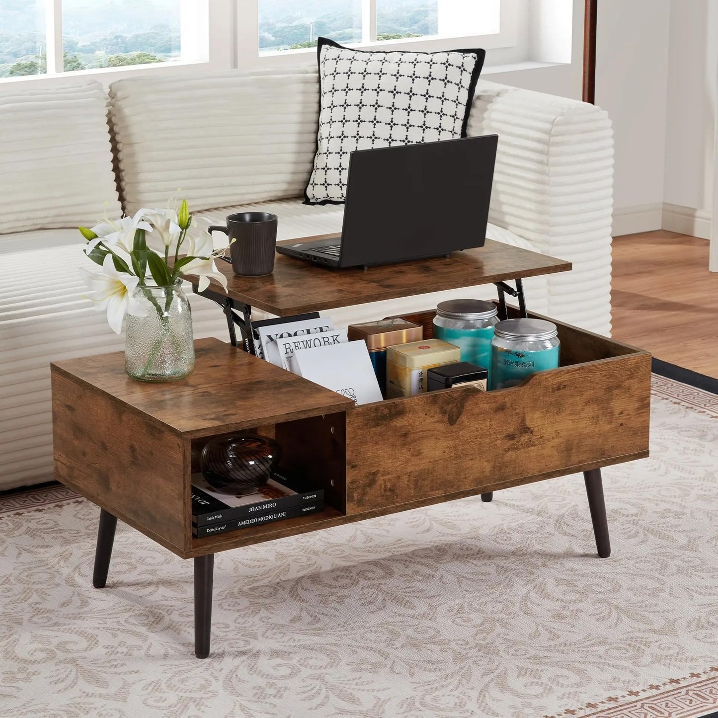 SANODESK 39" Wood Lift Top Coffee Table with Hidden Compartment and Storage Shelf for Living Room, Reception Room, Brown