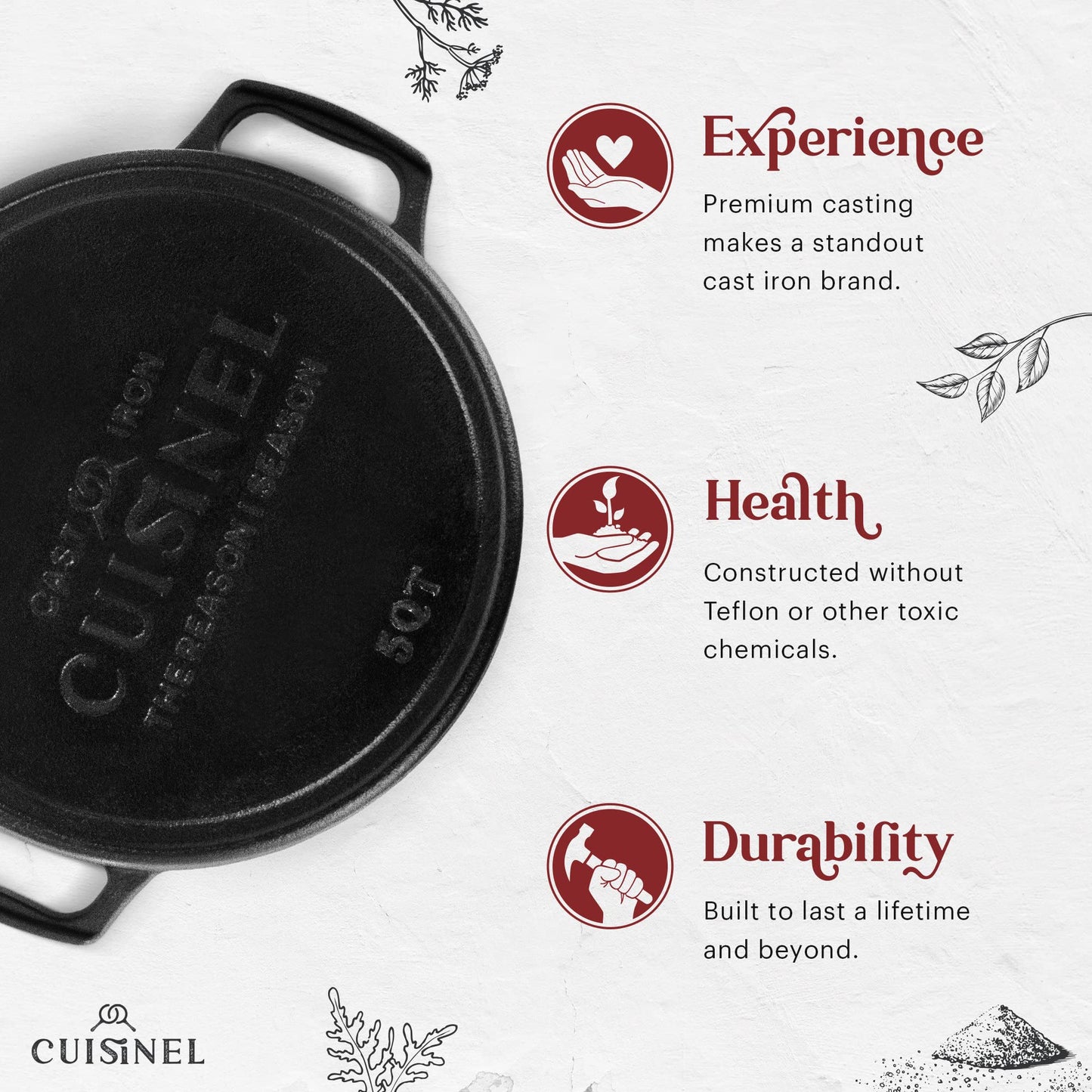 Cuisinel Cast Iron Dutch Oven - 5-Quart Deep Pot - Preseasoned 2-in-1 Multi-Cooker - Combo Lid Doubles as 10"-inch Skillet Frying Pan + Silicone Handle Covers + Scraper - Indoor/Outdoor Bread Cookware