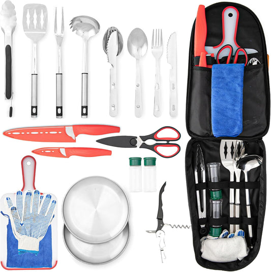 Camping Utensils Set, 21pcs Camp Cooking Kit with BBQ Tools, Knife Set & Spice Kit – Heat-Resistant Cutting Board, Dishwasher-Safe Cutlery for Outdoor, Hiking, Backpacking