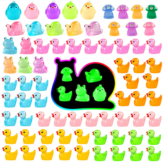 FEXIA 100pcs Mini Resin Ducks 6 Types Bulk to Hide Luminous Mini Animals Glow in The Dark for DIY Garden Dollhouse Combination Sets for Micro Landscape Aquarium Party Decor