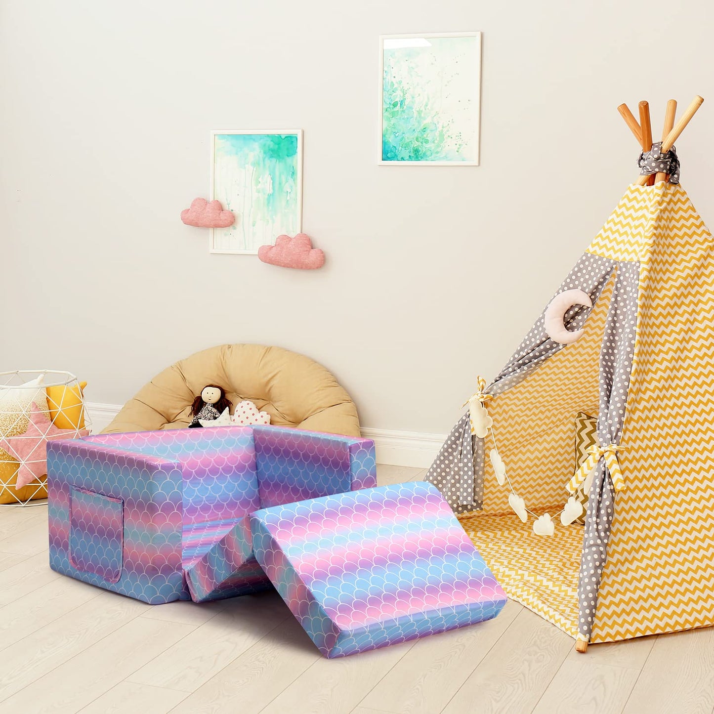 ALIMORDEN 2-in-1 Flip Out Comfy Toddler Couch, Lovely Kids Chair Convertible Sofa to Lounger for Story/Nap Time, Mermaid Scale