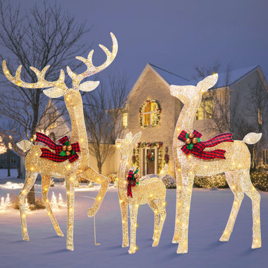 Large 3D Outdoor Christmas Reindeer Decoration Family Set - Gold Yellow Lighted Deer with 210 LED Lights for Patio, Lawn, Garden, Holiday Party