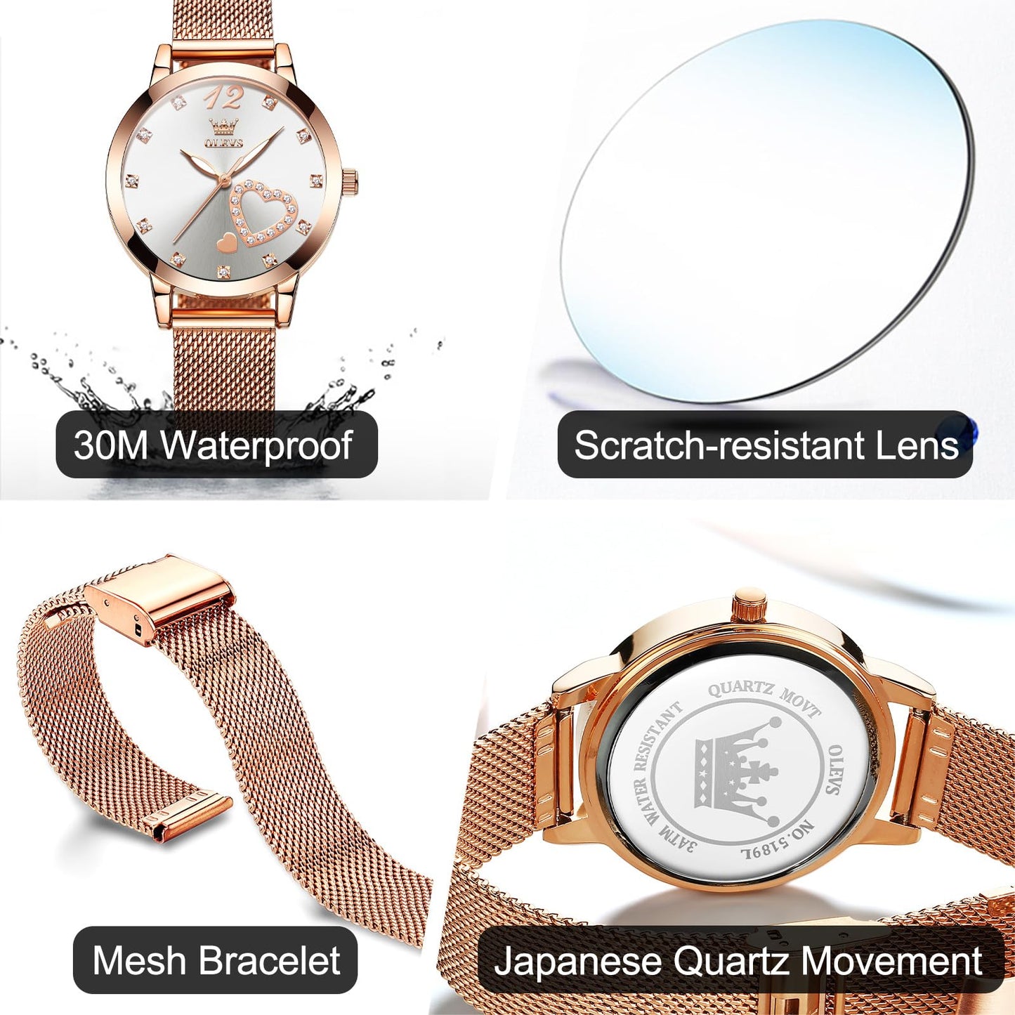 OLEVS Rose Gold Watches for Women White Face Stainless Steel Mesh Bracelet Womens Diamond Watch for Small Wrists Cute Waterproof Analog Quartz Womens Wristwatch Luminous Reloj para Mujer