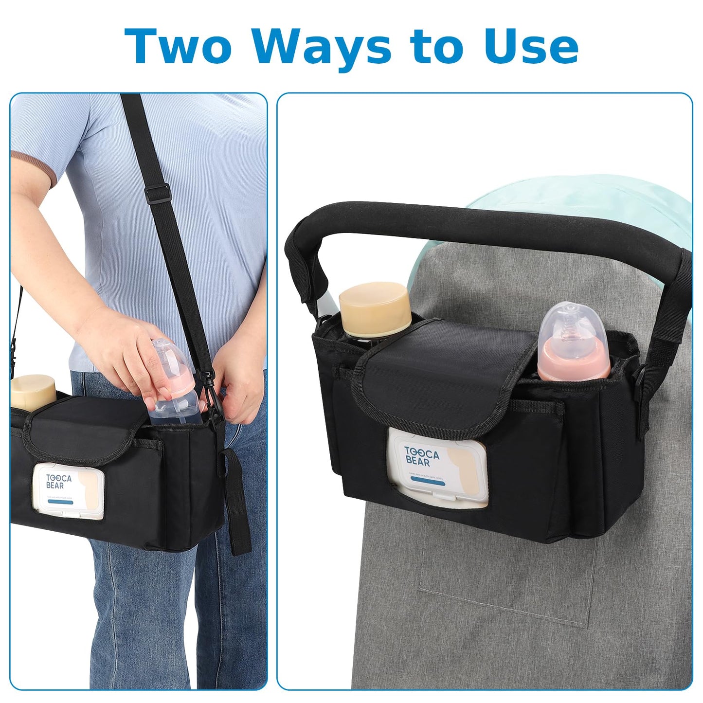 Accmor Universal Stroller Organizer with Insulated Cup Holder and Shoulder Strap, Stroller Caddy Bag Stroller Cup Holder Attachment for Uppababy, Baby Jogger, Britax Strollers, Black