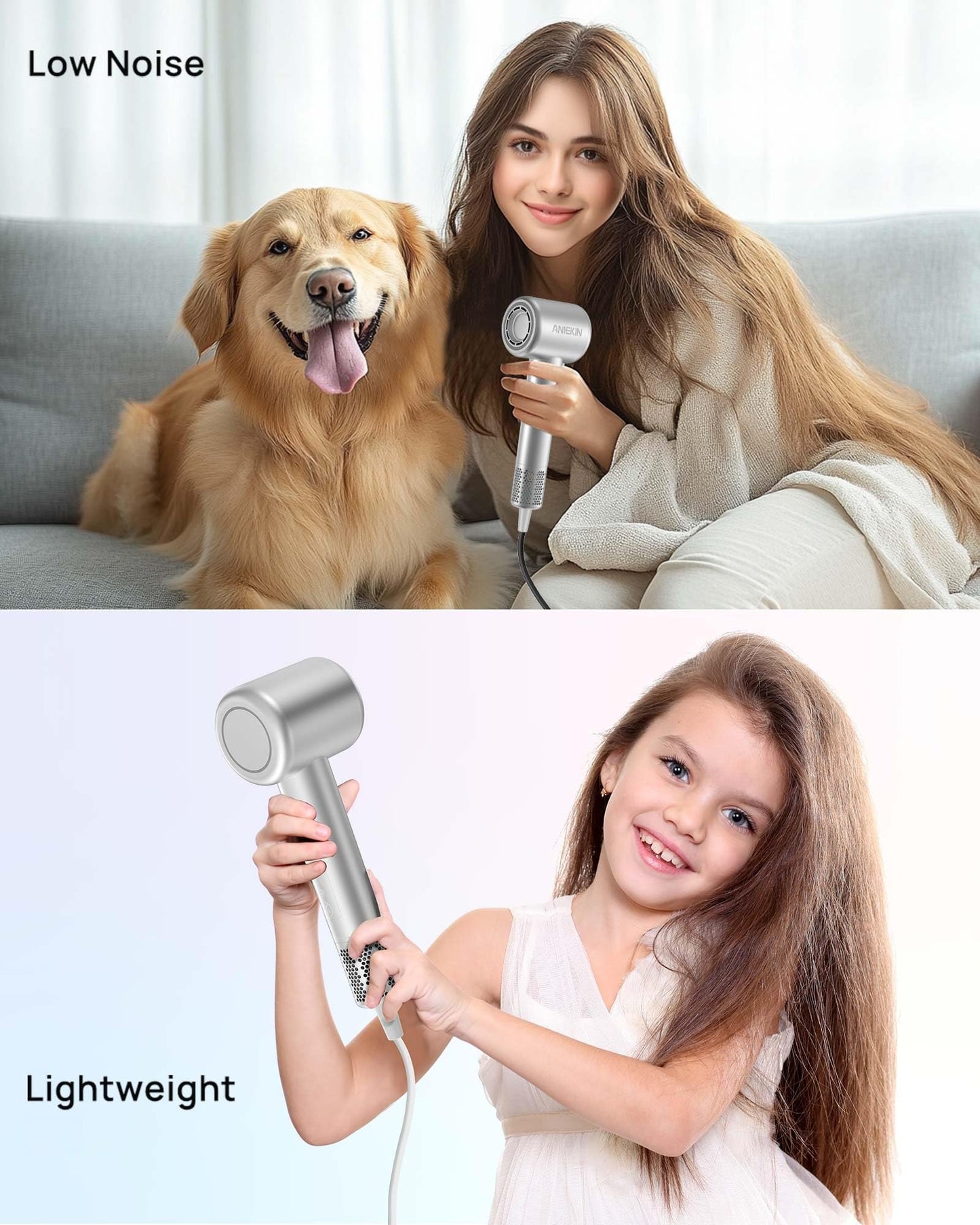 Hair Dryer, High-Speed Ionic Low Noise Blow Dryer with Brushless Motor for Fast Drying, Thermo-Control Quiet Compact Hair Blow Dryer with Magnetic Diffuser for Curly Hair for Home Travel Salon