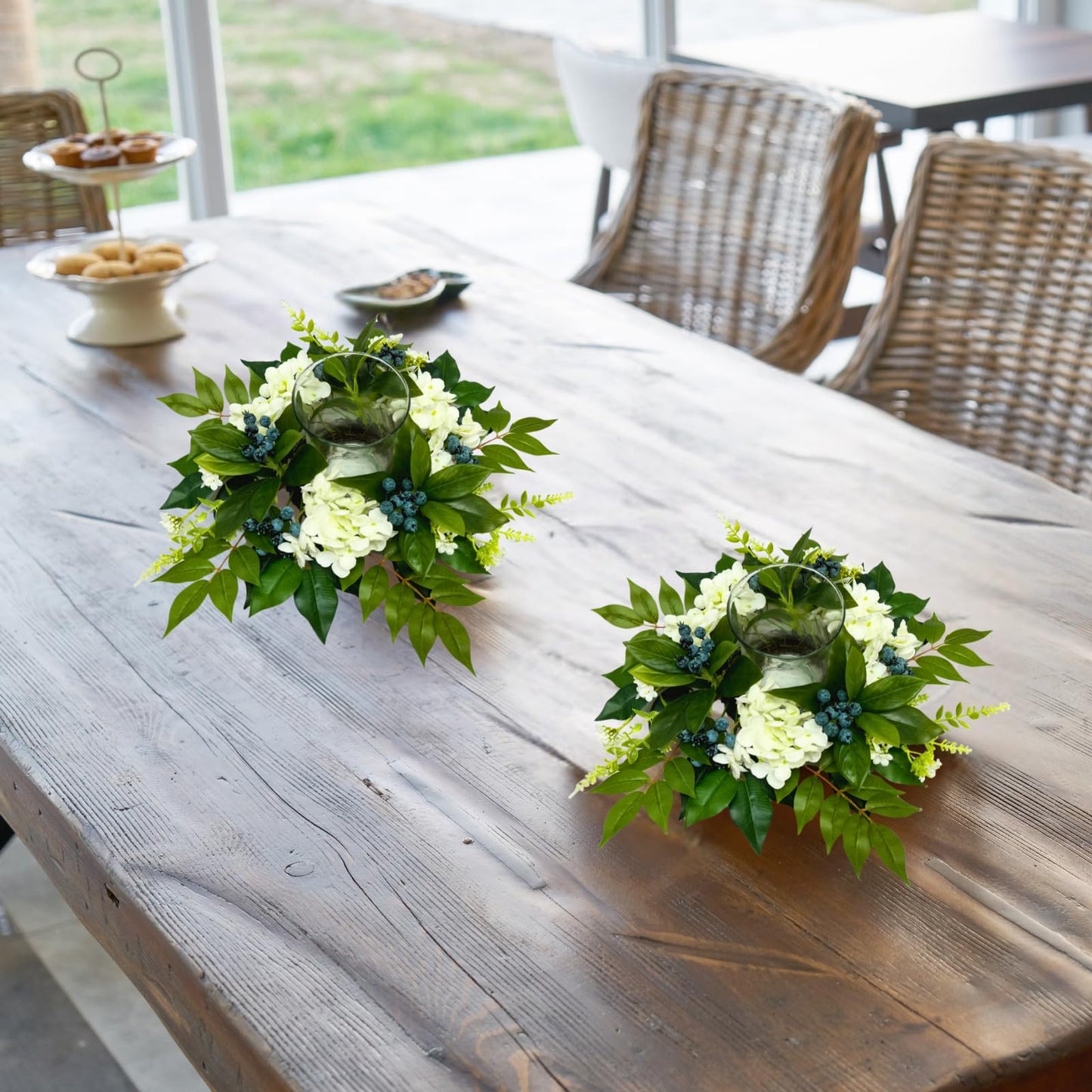 All Season Floral Arrangement Centerpiece for Table Glass Candle Holders with Artificial Hydrangea Flowers Blueberry Eucalyptus Leaves for Dining Room Indoor Outdoor Home Decor