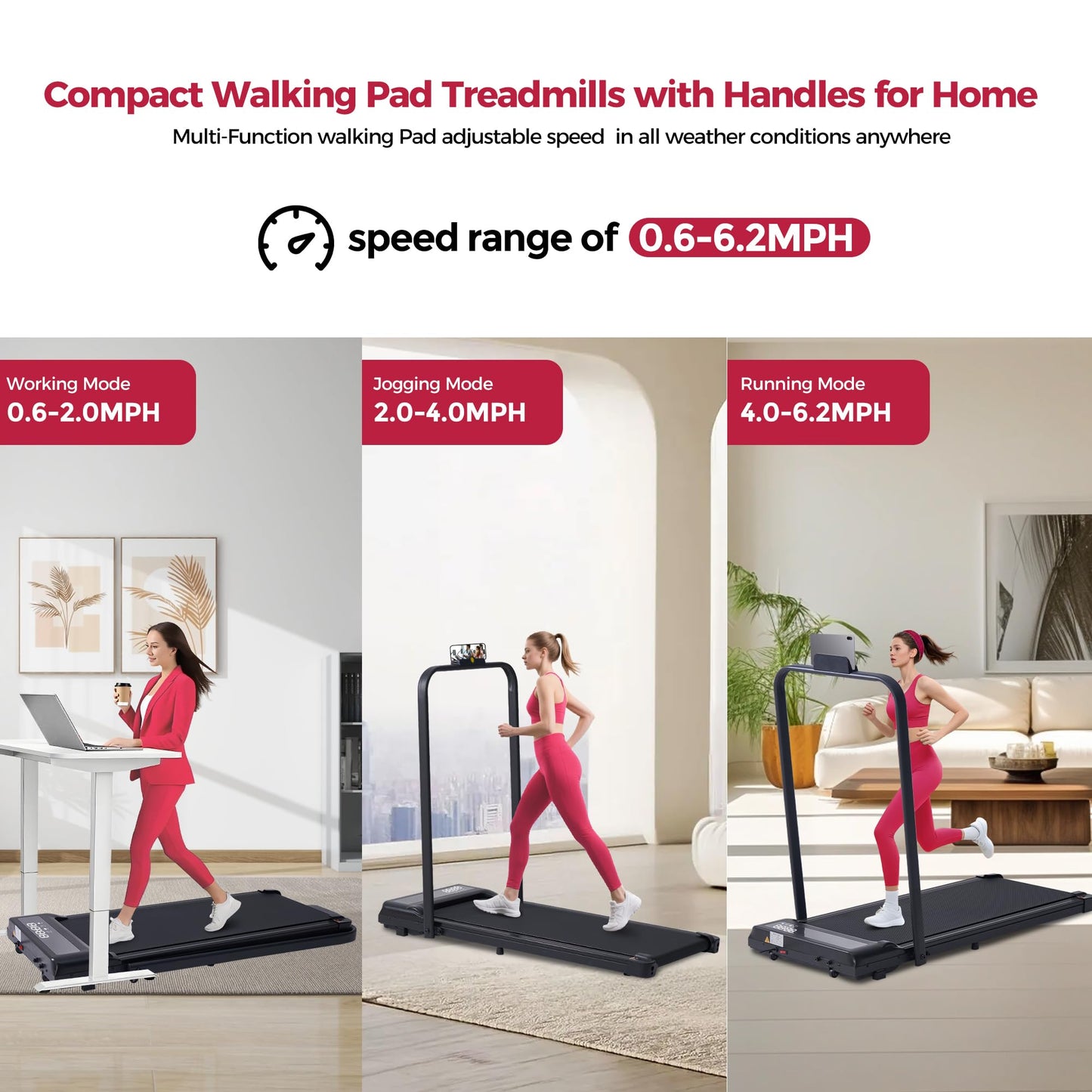 Portable Walking Pad Treadmills with Handle Bar, 3.0HP Folding Foldable Walking Pads Treadmill with Handles, Under Desk Compact Small Treadmill for Home Office Apartment, LED Display, 320LBS