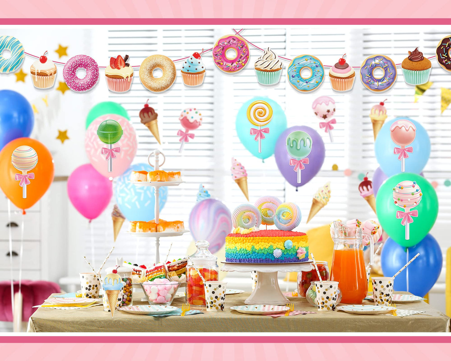 Sepamoon 32 Pcs Candy Party Decorations Summer Ice Cream Bar Supplies Includes Ice Cream Donuts, Round Lollipop and Cupcakes Cutouts for Birthday Party with Glue Point Dots for Home Room Decor