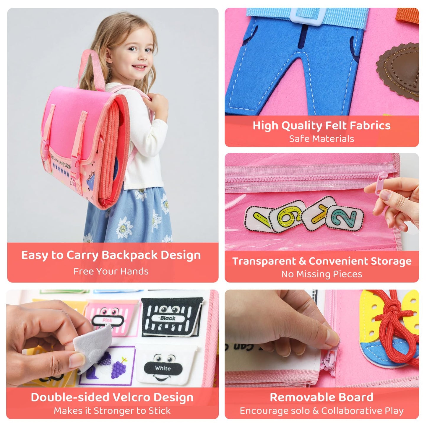 CHUAWANLY Busy Board Montessori Toys for Toddler,Busy Book - Sensory Preschool Learning Activities Educational Toys with Fine Motor Skills,Gift for Boys Girls,Travel Essentials for Plane Car (Pink)