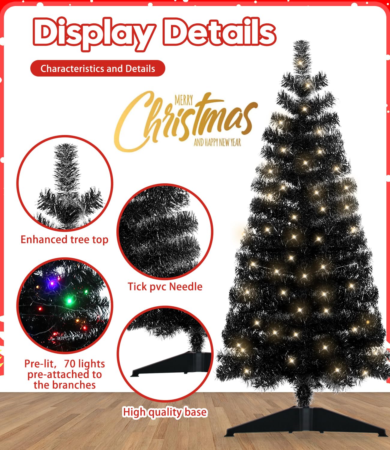 DEWUR Pre-Lit Artificial Christmas Tree, Warm White Lights, Colorful Lights, Includes Stand, 4 feet (Black)