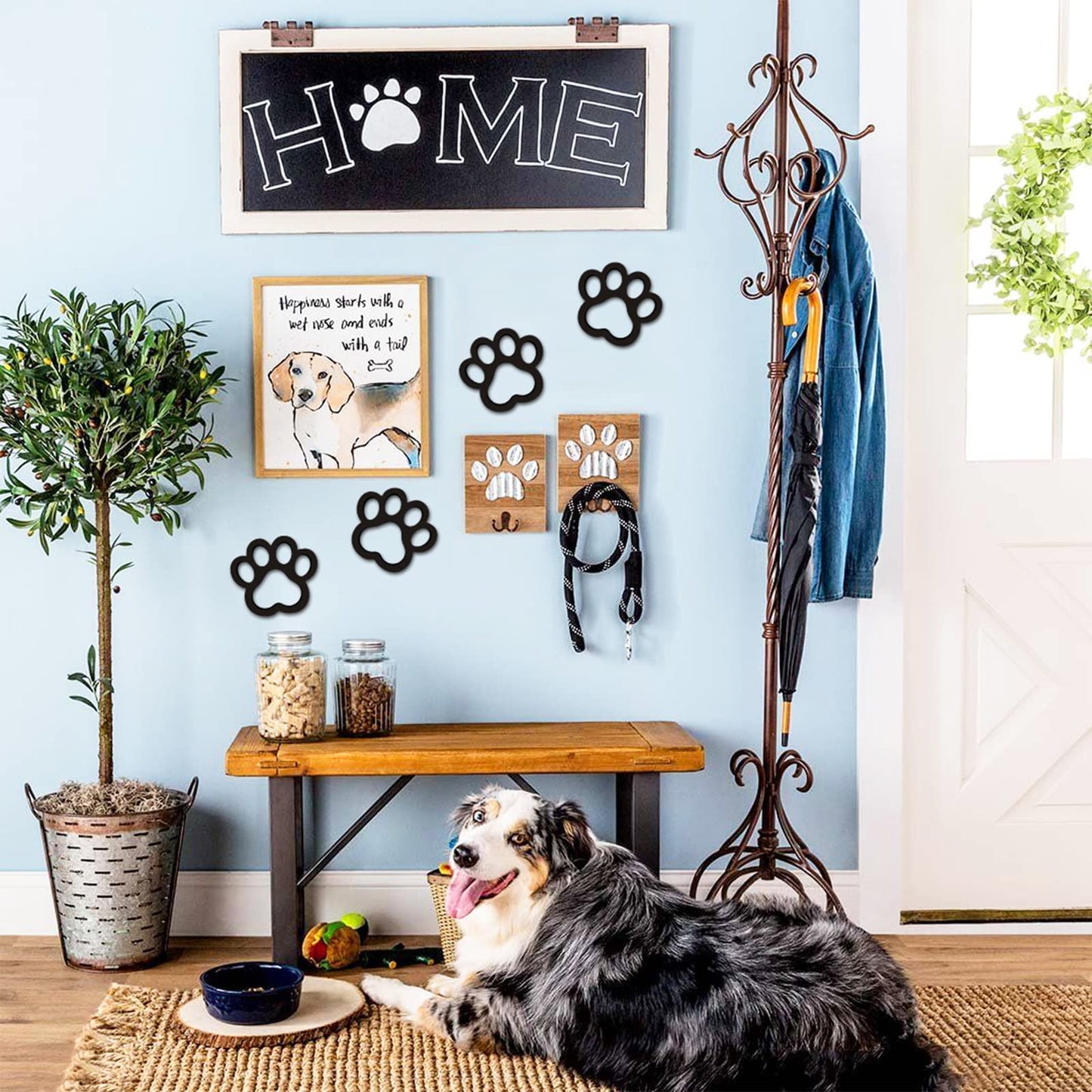 Xylolfsty Dog Room Decor Paw Prints Wood Wall Art Dog Lovers Gifts Puppy Decorations Signs for Home Kitchen Bathroom Bedroom BLACK 4PCS