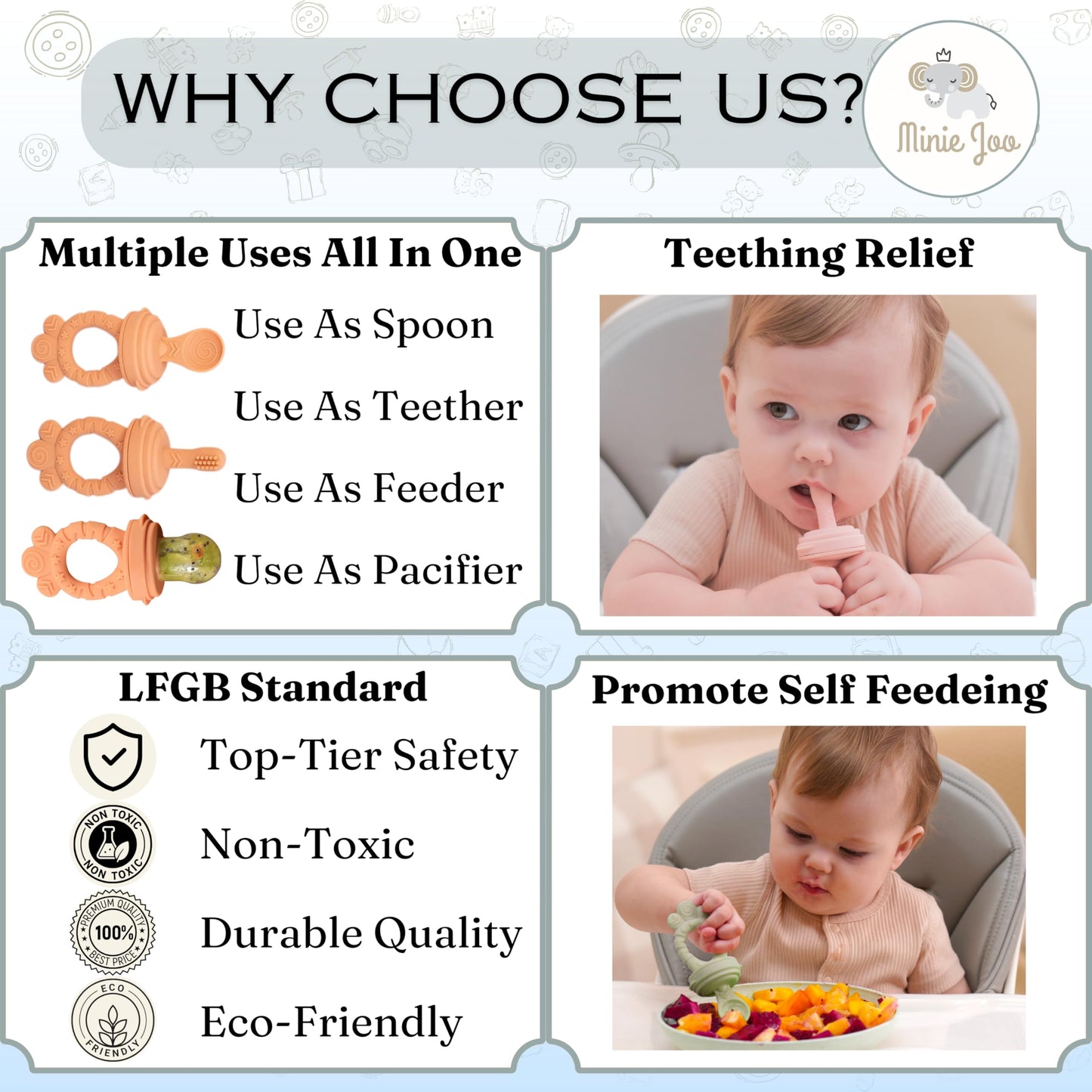 Minie Joo Baby Fruit Feeder Pacifier – 7-in-1 Silicone Teether Toy & Food Feeder with Spoon, Fork, and Interchangeable Heads – BPA-Free, Anti-Choke, Self-Feeding Set for Infants & Toddlers